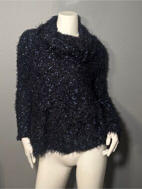 Plush Black Cowlneck Sweater with Blue Speckle